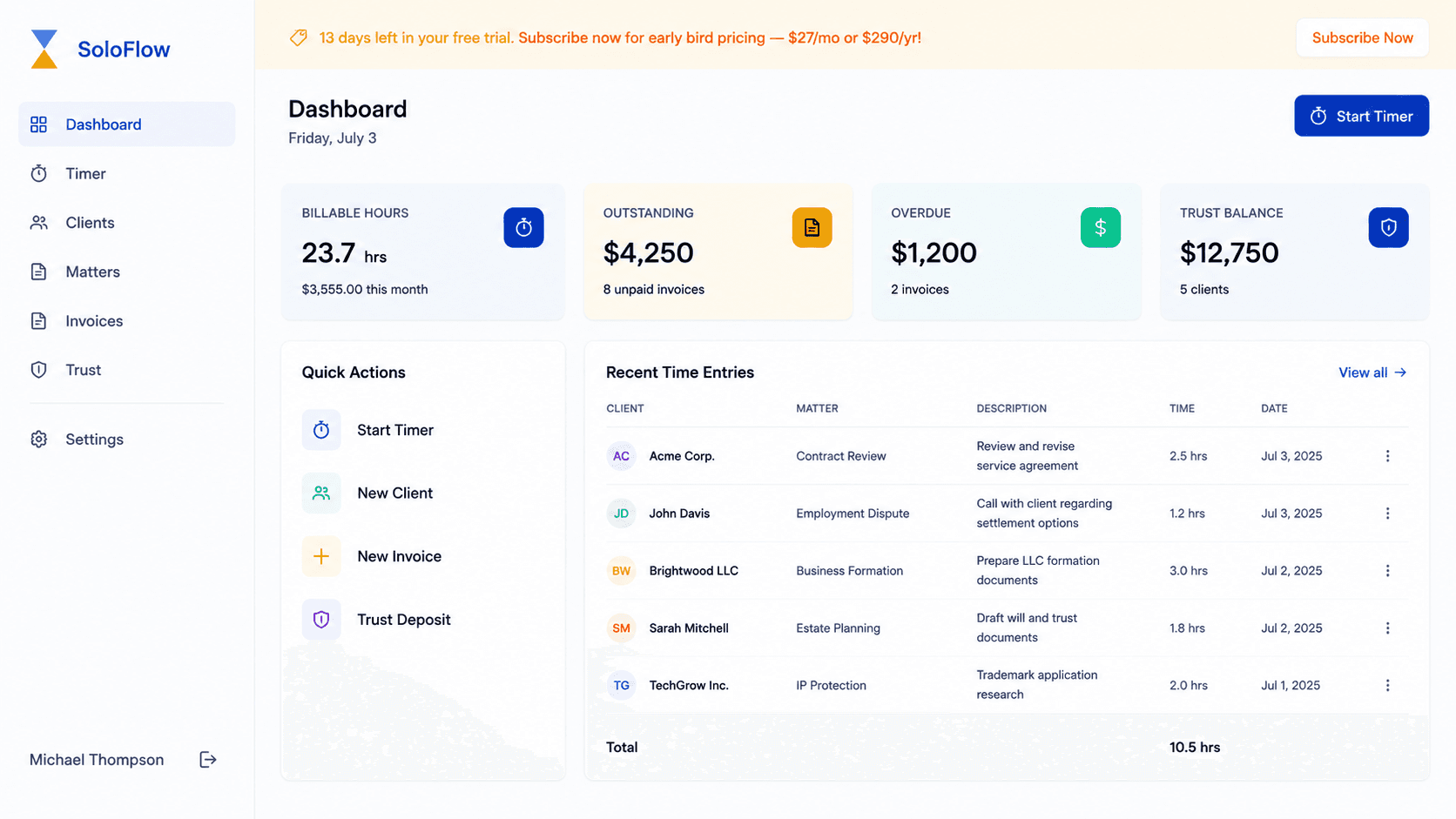 SoloFlow dashboard — time tracking, invoicing, and trust balance tracking for solo attorneys